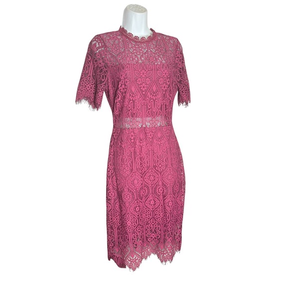 Lulus Dress Size M Remarkable Fuchsia Lace Short Sleeve Mock Neck Midi 🩷🩷 - Picture 5 of 14